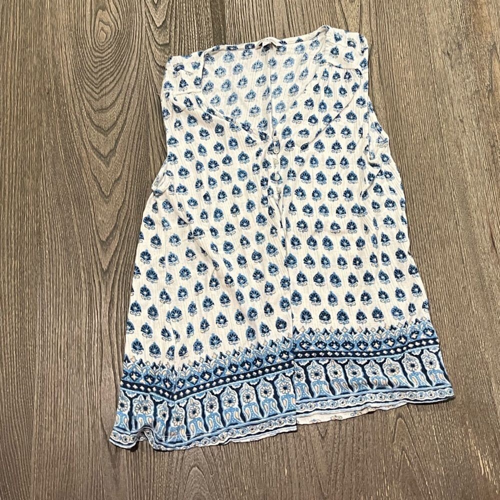 Lucky Brand Womens Tunic Tank Top Blouse Patterned V-Neck Button Detail White M